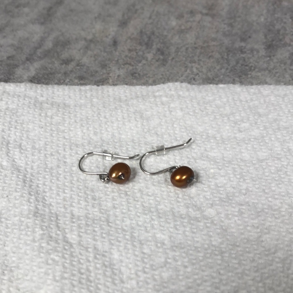 Silver - Elegant Brown Pearl Drop Earrings